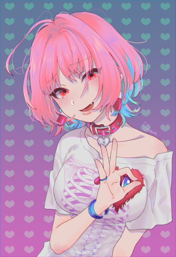 1girl, abstract_background, ahoge, arm_at_side, artist_name, bangs, blue_hair, bracelet, breasts, collar, doku_tissue_o_taberuna, earrings, eyebrows_visible_through_hair, fang, fingernails, hair_intakes, hand_up, heart, heart-shaped_lock, heart_background, heart_pattern, heart_pendant, idolmaster, idolmaster_cinderella_girls, jewelry, lips, looking_at_viewer, medium_breasts, multicolored_hair, off_shoulder, ok_sign, pill, pill_earrings, pink_hair, pinky_ring, red_collar, red_eyes, ring, shirt, short_hair, short_sleeves, signature, skeleton_print, solo, t-shirt, two-tone_hair, upper_body, white_shirt, yumemi_riamu