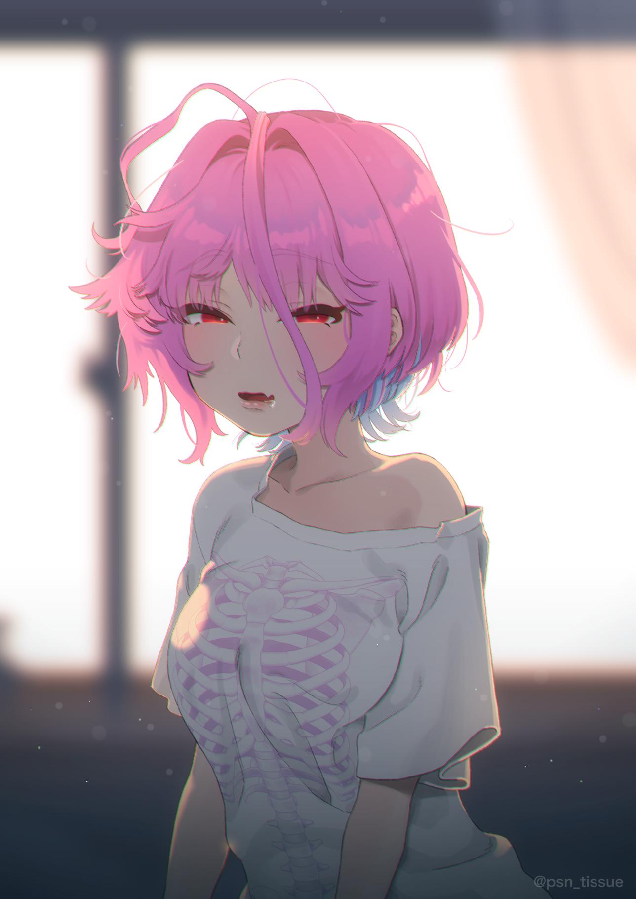 1girl, ahoge, arms_at_sides, artist_name, backlighting, bangs, blue_hair, blurry, blurry_background, blush, breasts, commentary, day, doku_tissue_o_taberuna, drooling, fang, hair_intakes, highres, idolmaster, idolmaster_cinderella_girls, indoors, lips, looking_at_viewer, medium_breasts, messy_hair, multicolored_hair, off_shoulder, pink_hair, red_eyes, shirt, short_sleeves, skeleton_print, solo, t-shirt, twitter_username, two-tone_hair, upper_body, waking_up, white_shirt, yumemi_riamu