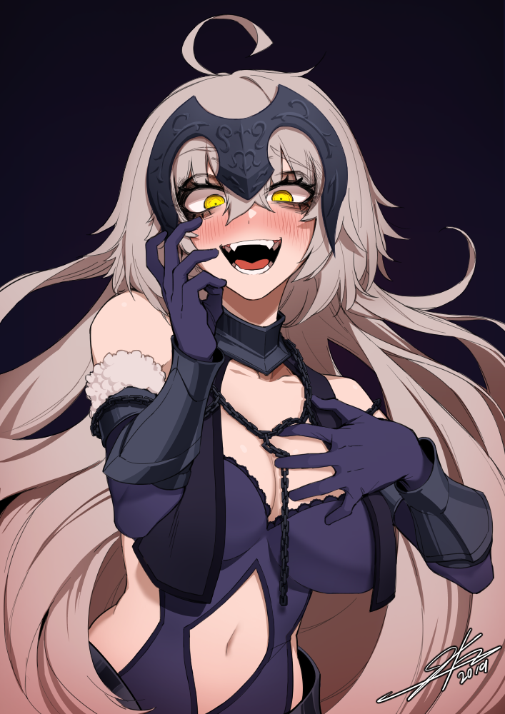1girl, 2019, ahoge, bare_shoulders, blush, breasts, cleavage, constricted_pupils