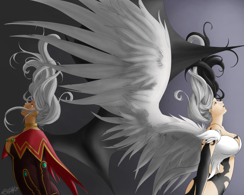2girls, aa_megami-sama, absurdres, angel, angel_wings, bare_shoulders, bat_wings, black_wings