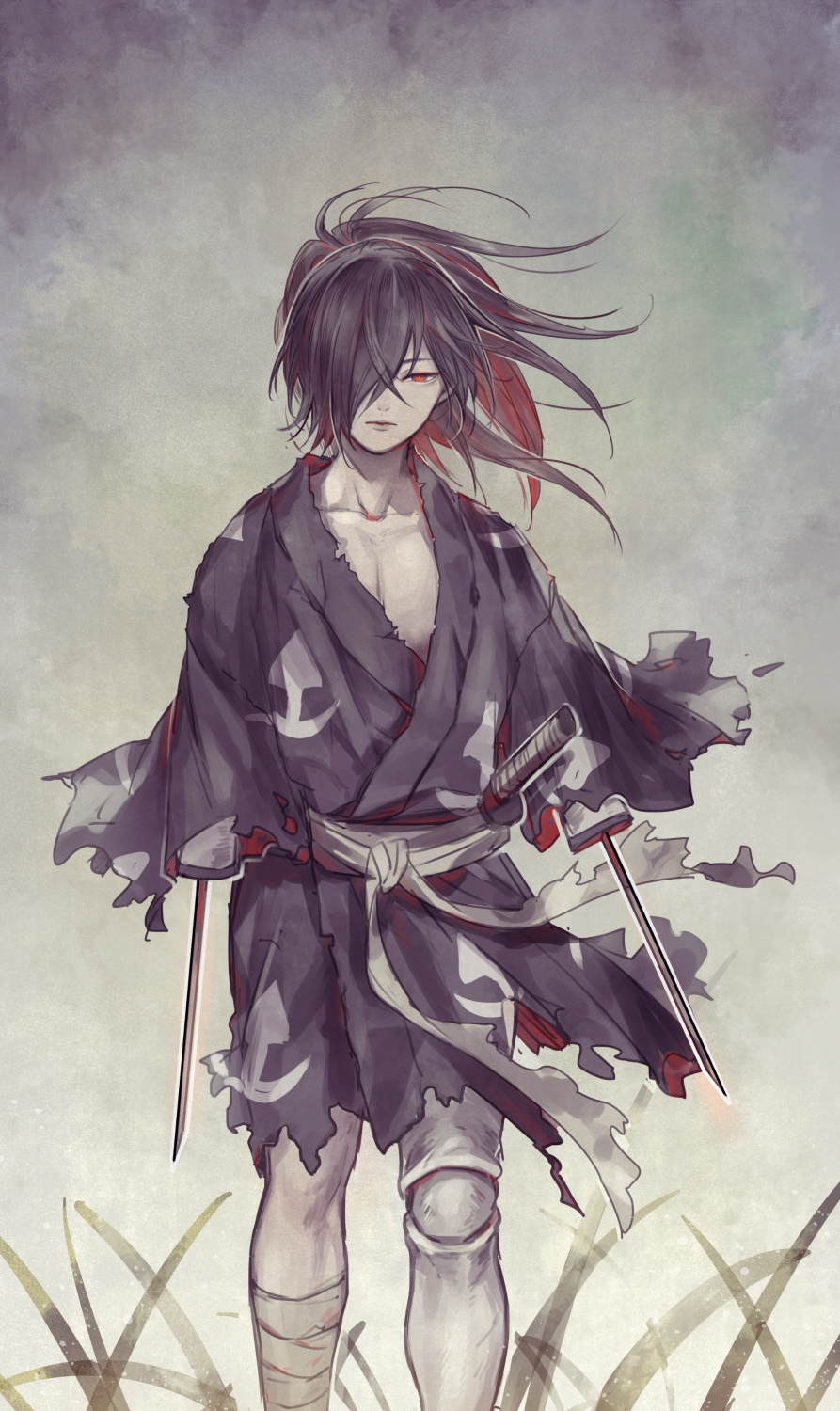 1boy, araratake, bandage, bandaged_leg, bandages, black_hair, dororo_(tezuka), grey_background