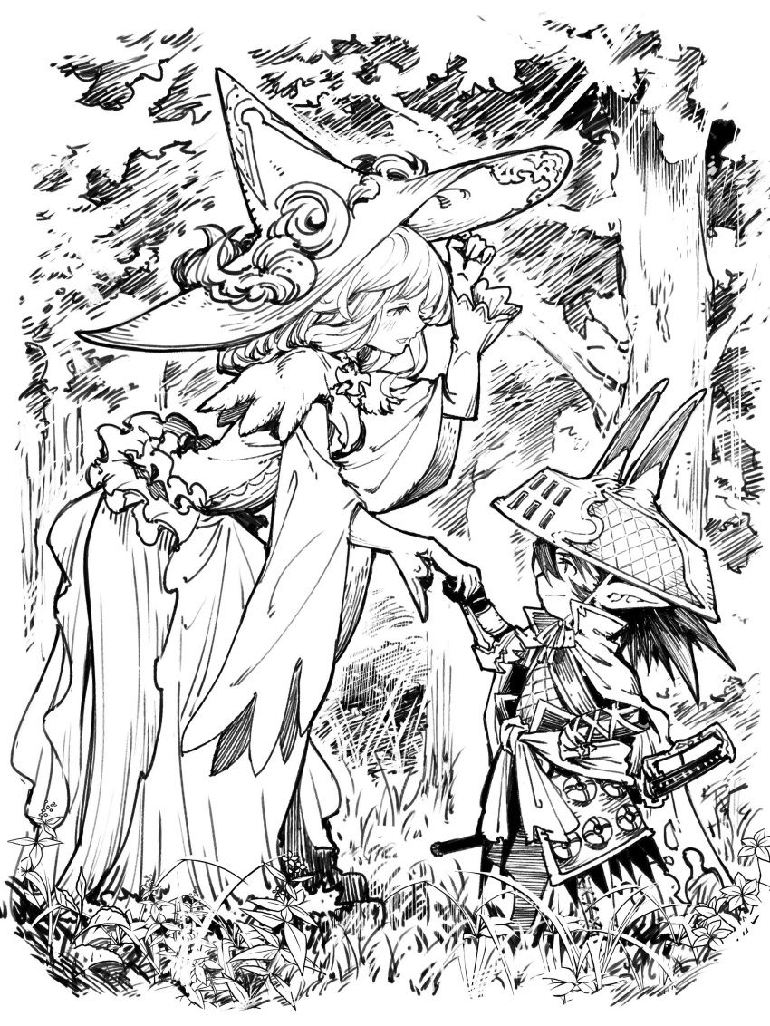 1boy, 1girl, absurdres, ajirogasa, breasts, cleavage, dress, forest