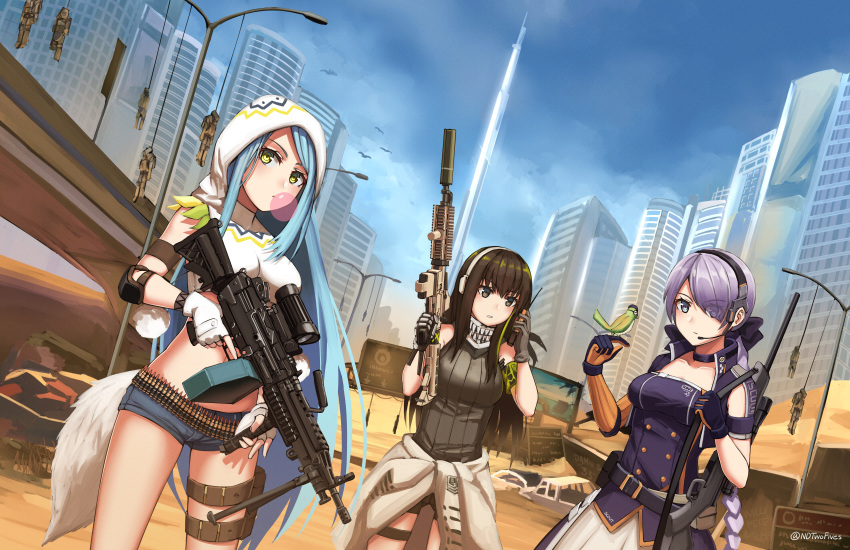 3girls, armband, assault_rifle, asymmetrical_gloves, bangs, bird, black_eyes, black_hair