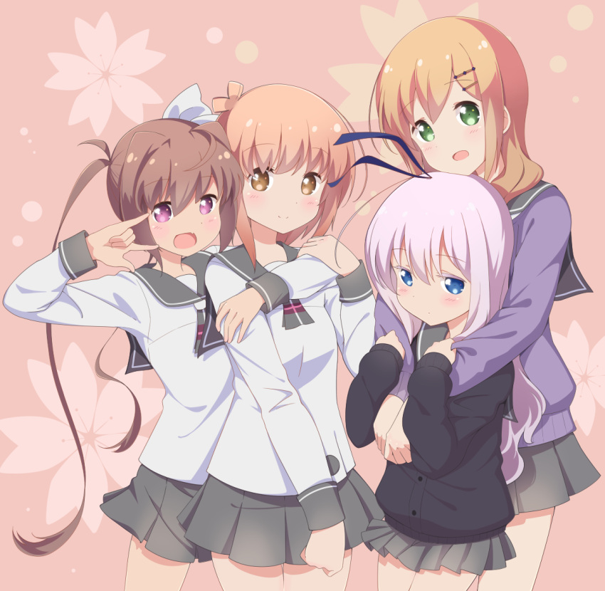 4girls, arm_around_shoulder, blonde_hair, blue_eyes, blush, brown_hair, commentary, green_eyes