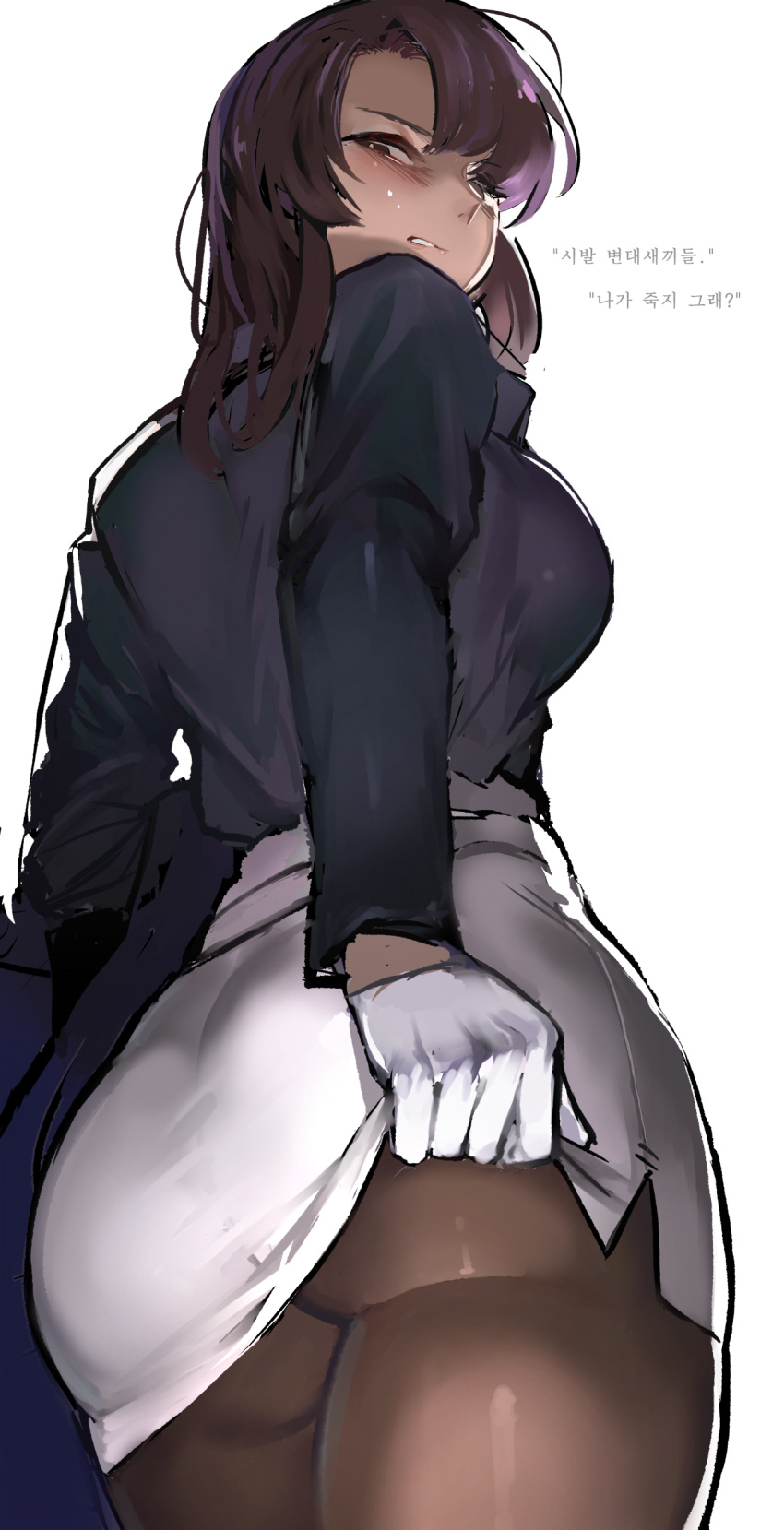 1girl, absurdres, ass, brown_dust, brown_hair, disgust, gesugao, glaring