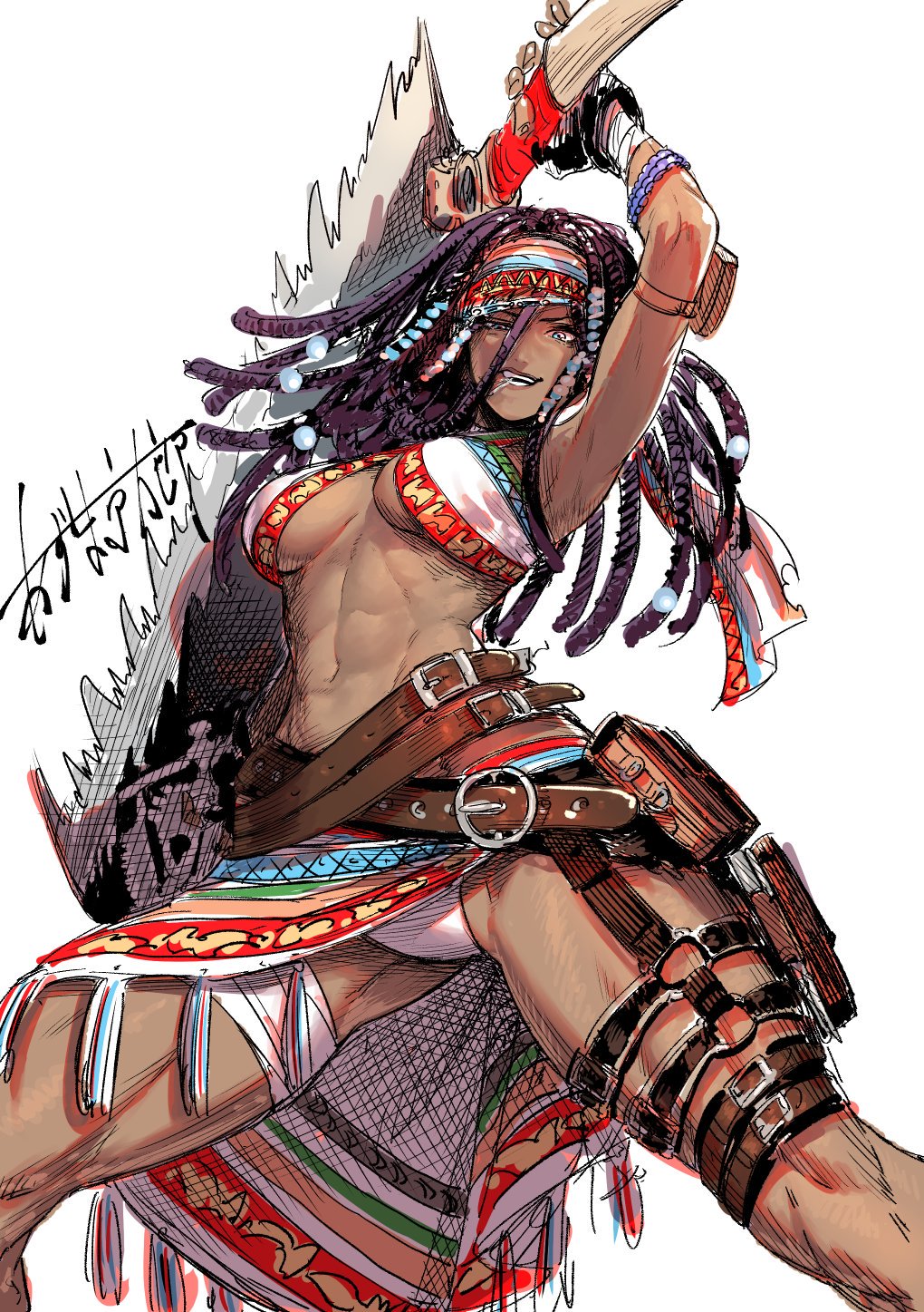 1girl, abs, azuma_kyoutarou_(artist), beads, belt, breasts, buckle, contrapposto