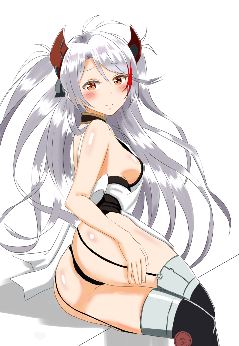 1girl, antenna_hair, ass, azur_lane, bare_arms, bare_shoulders, black_legwear, blush