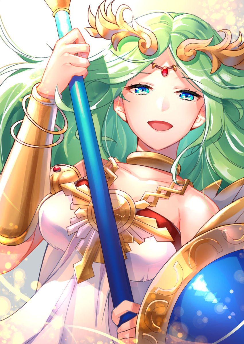 1girl, :d, bangs, bare_shoulders, blue_eyes, bracelet, bracer, breasts, circlet, collarbone, dress, eyebrows_visible_through_hair, goddess, green_hair, hand_up, highres, holding, holding_staff, jewelry, kid_icarus, long_hair, looking_at_viewer, medium_breasts, neck_ring, necklace, nintendo, open_mouth, palutena, parted_bangs, shield, smile, solo, staff, strapless, strapless_dress, upper_body, white_dress, yuduki_(tt-yuduki)