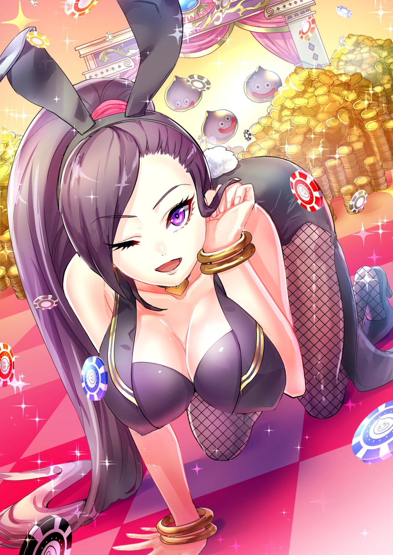 1girl, ;d, all_fours, animal_ears, bare_shoulders, black_footwear, black_hairband, black_leotard, bracelet, breasts, bunny_tail, bunnysuit, checkered, checkered_floor, cleavage, coattails, coin, collarbone, dragon_quest, dragon_quest_xi, erect_nipples, eyebrows_visible_through_hair, eyelashes, fake_animal_ears, fake_tail, fingernails, fishnet_pantyhose, fishnets, hairband, hand_up, heart, high_heels, highres, jewelry, large_breasts, leotard, long_hair, looking_at_viewer, martina_(dq11), metal_slime, one_eye_closed, open_mouth, pantyhose, poker_chip, ponytail, purple_hair, rabbit_ears, shoes, slime_(dragon_quest), smile, sparkle, tail, violet_eyes, yuduki_(tt-yuduki)