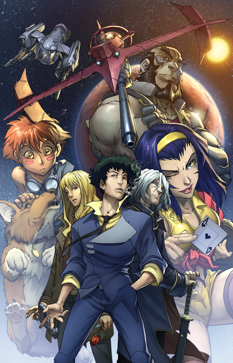 androgynous, beard, blush, blush_stickers, card, cigarette, cowboy_bebop, dog