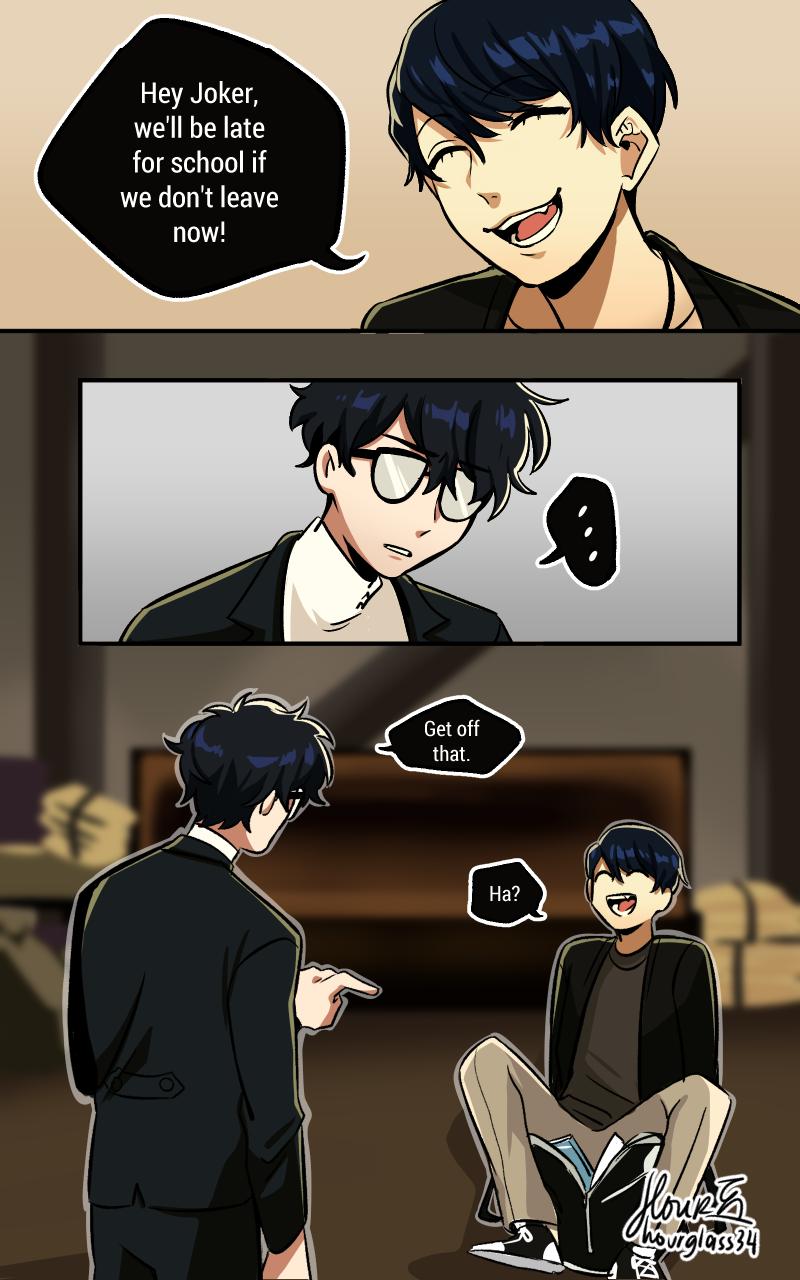2boys, ^_^, amamiya_ren, black_hair, closed_eyes, closed_eyes, comic, english_text