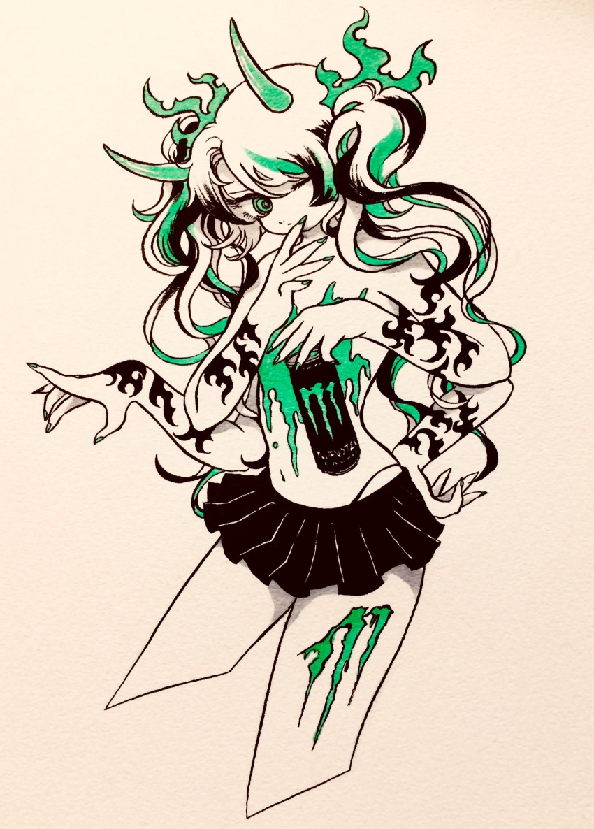 1girl, bangs, black_hair, black_skirt, can, cropped_legs, extra_arms, green_eyes