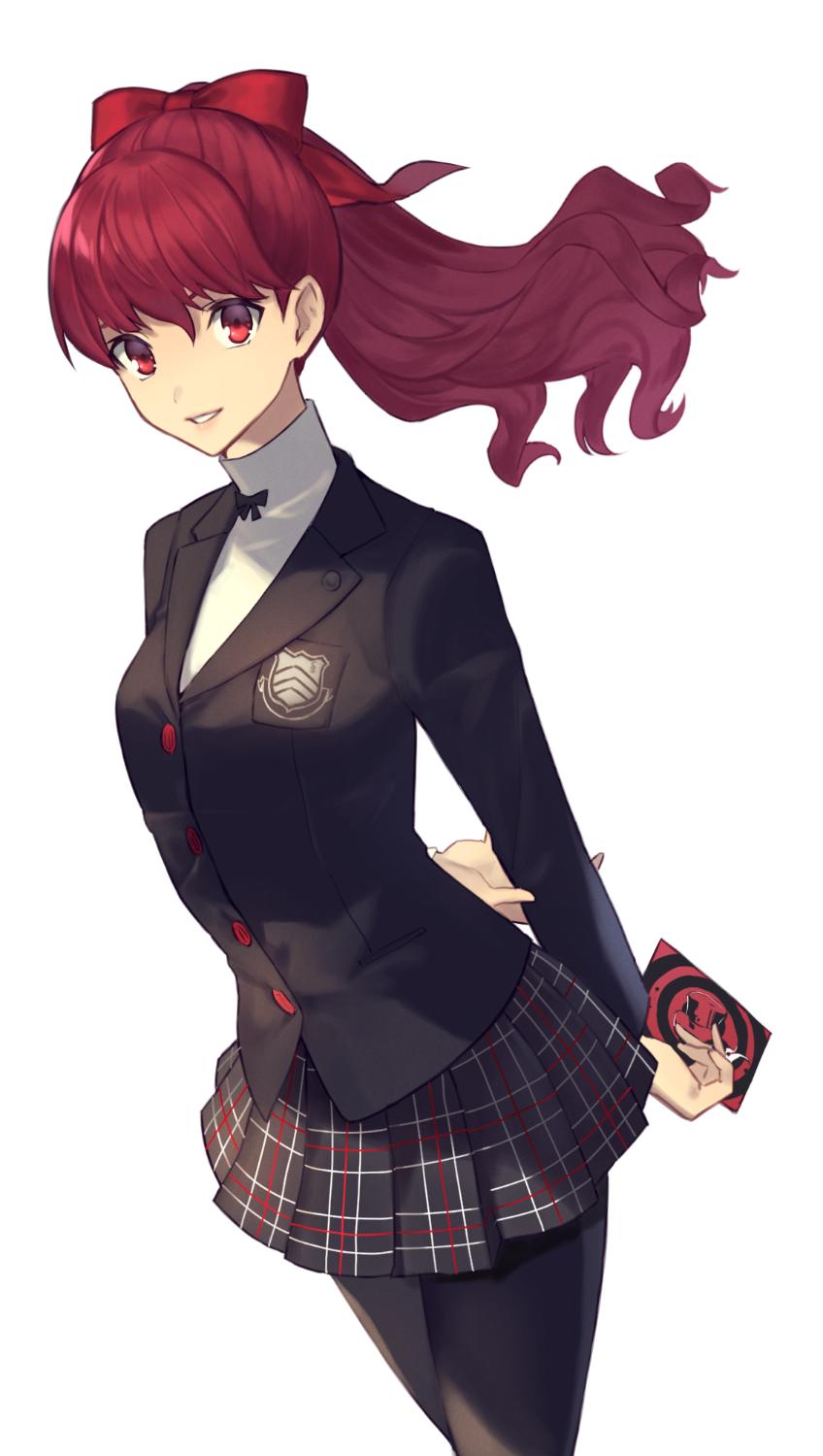 1girl, bow, highres, jacket, long_hair, looking_at_viewer, morimiya_(kuroro), pantyhose, persona, persona_5, persona_5_the_royal, ponytail, red_eyes, redhead, shuujin_academy_uniform, simple_background, smile, solo, yoshizawa_kasumi