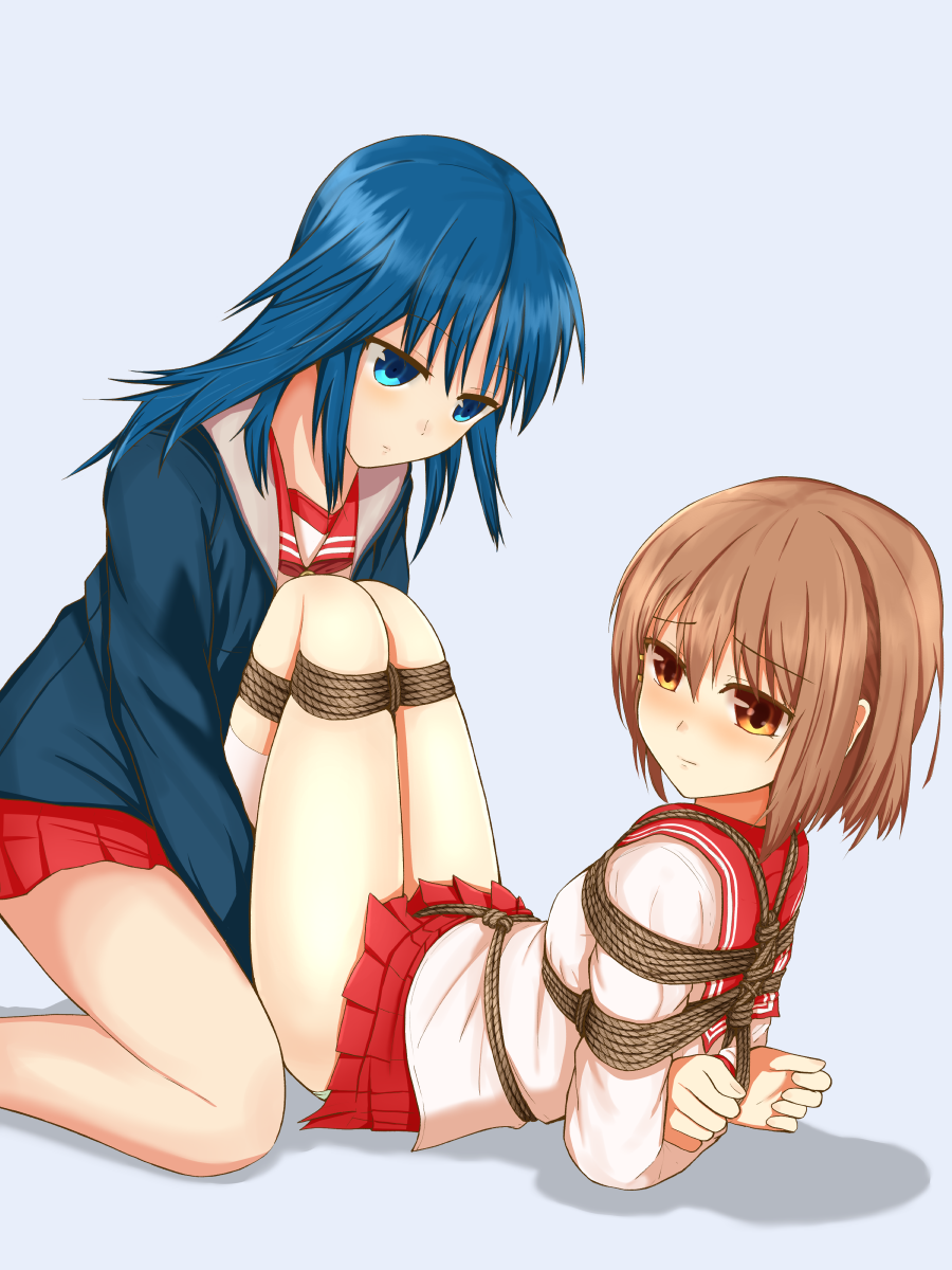 2girls, arms_behind_back, bdsm, blue_hair, bondage, bound, bound_arms, bound_wrists