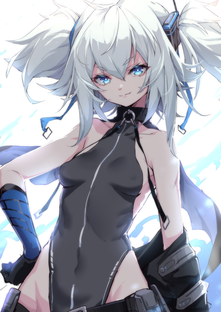 1girl, absurdres, bangs, bare_shoulders, belt, black_leotard, blue_hair, breasts
