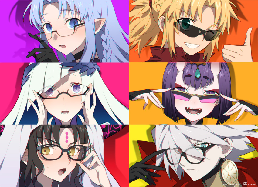 adjusting_eyewear, black_hair, blonde_hair, blue_eyes, blue_hair, braid, brynhildr_(fate), caster
