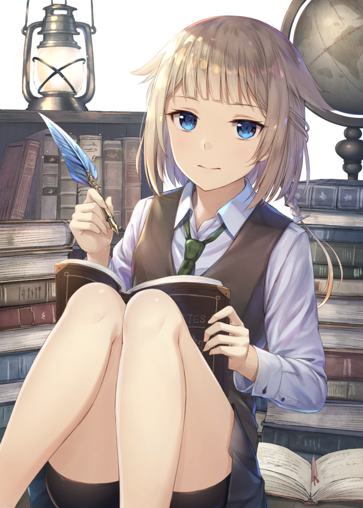 1girl, alternate_costume, bare_legs, black_skirt, blonde_hair, blue_eyes, book, book_stack