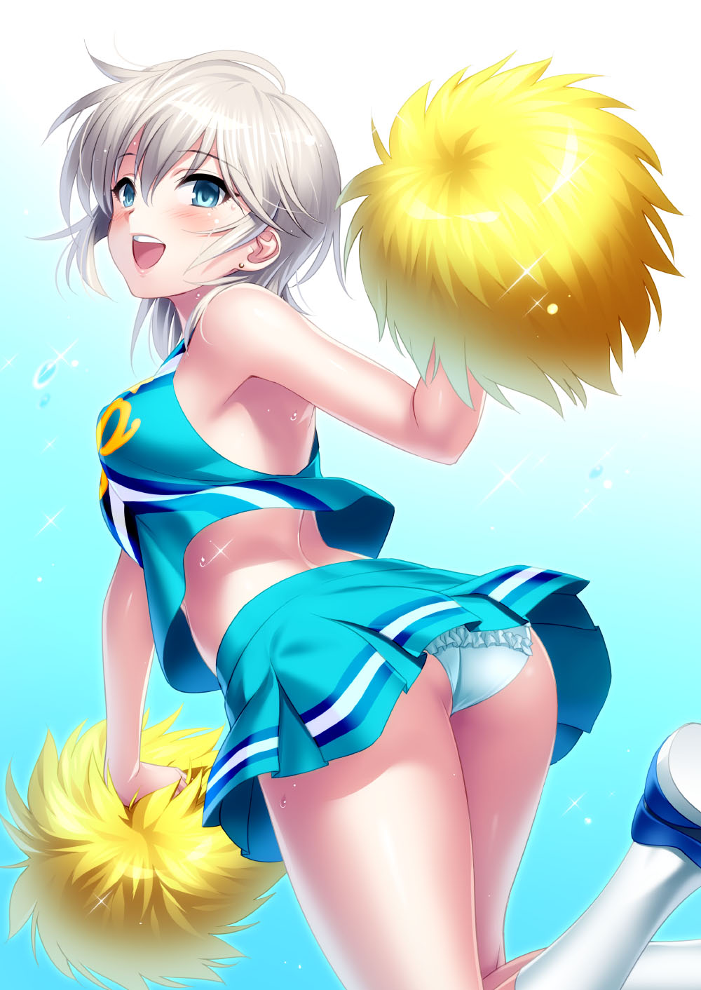 1girl, anastasia_(idolmaster), ass, bangs, bare_shoulders, blue_background, blue_eyes, blue_panties