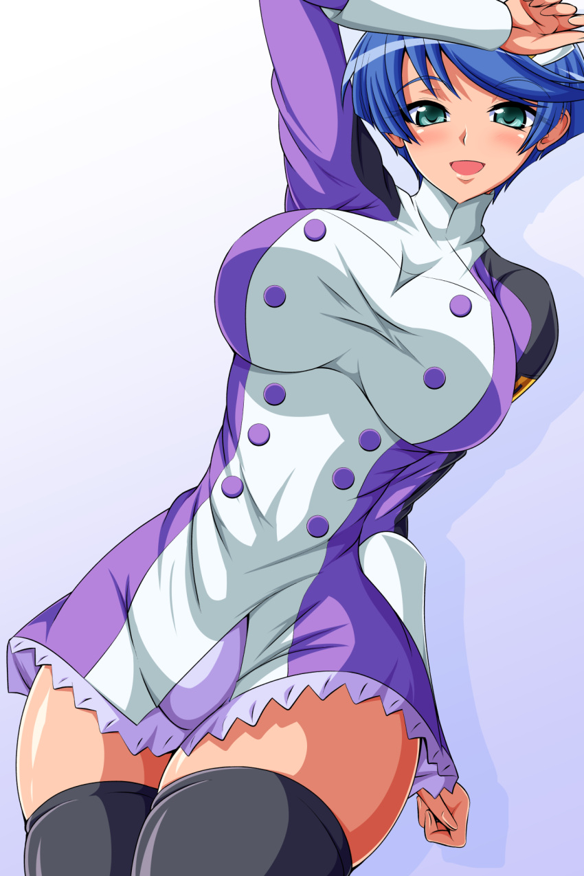 1girl, aokura_shou, arm_at_side, arm_on_head, arm_up, bangs, black_legwear, blue_hair