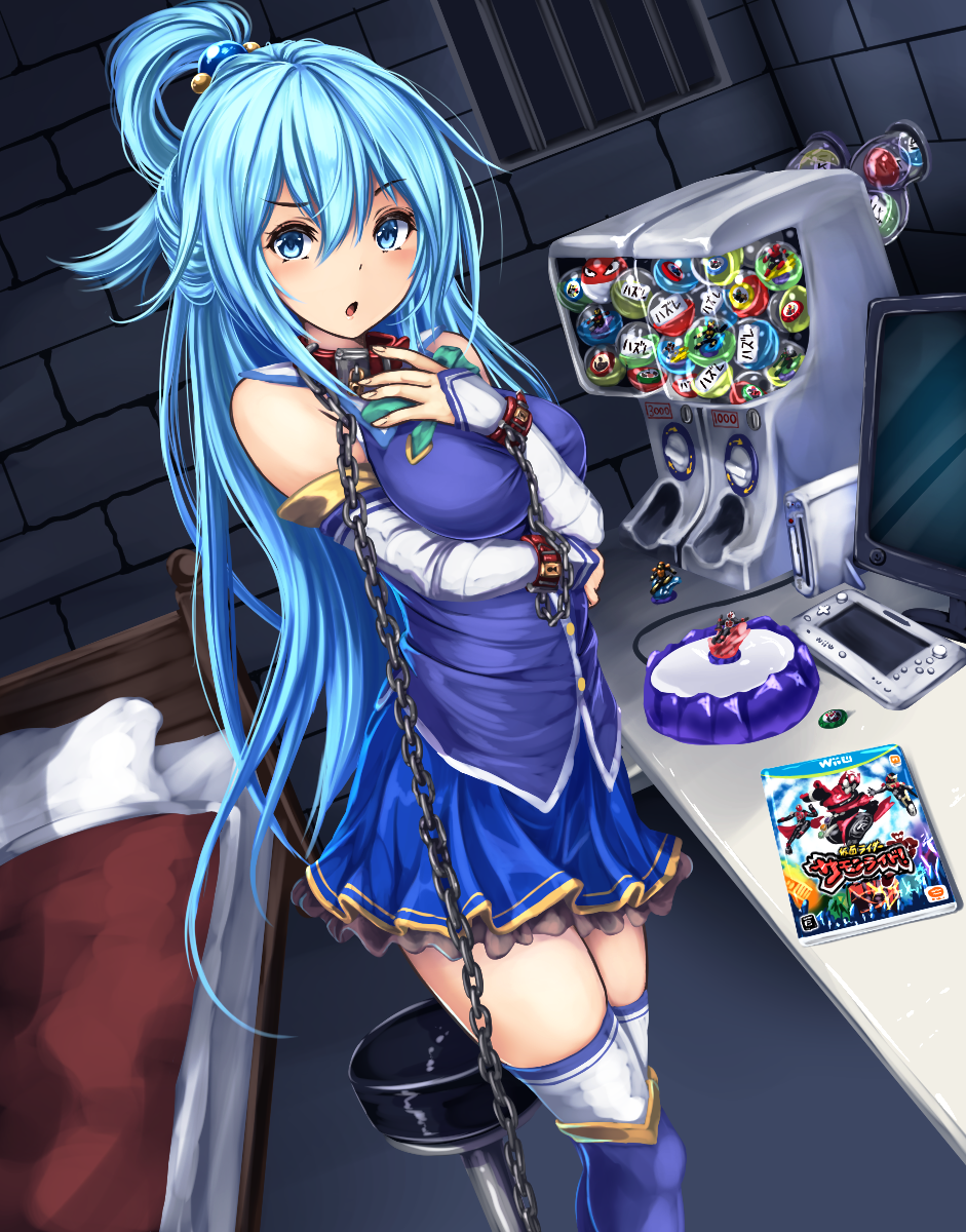 1girl, :o, aqua_(konosuba), aqua_eyes, aqua_hair, bangs, bare_shoulders, bed