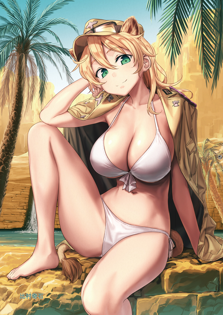 1girl, animal_ears, april, bare_legs, barefoot, bikini, blonde_hair, breasts