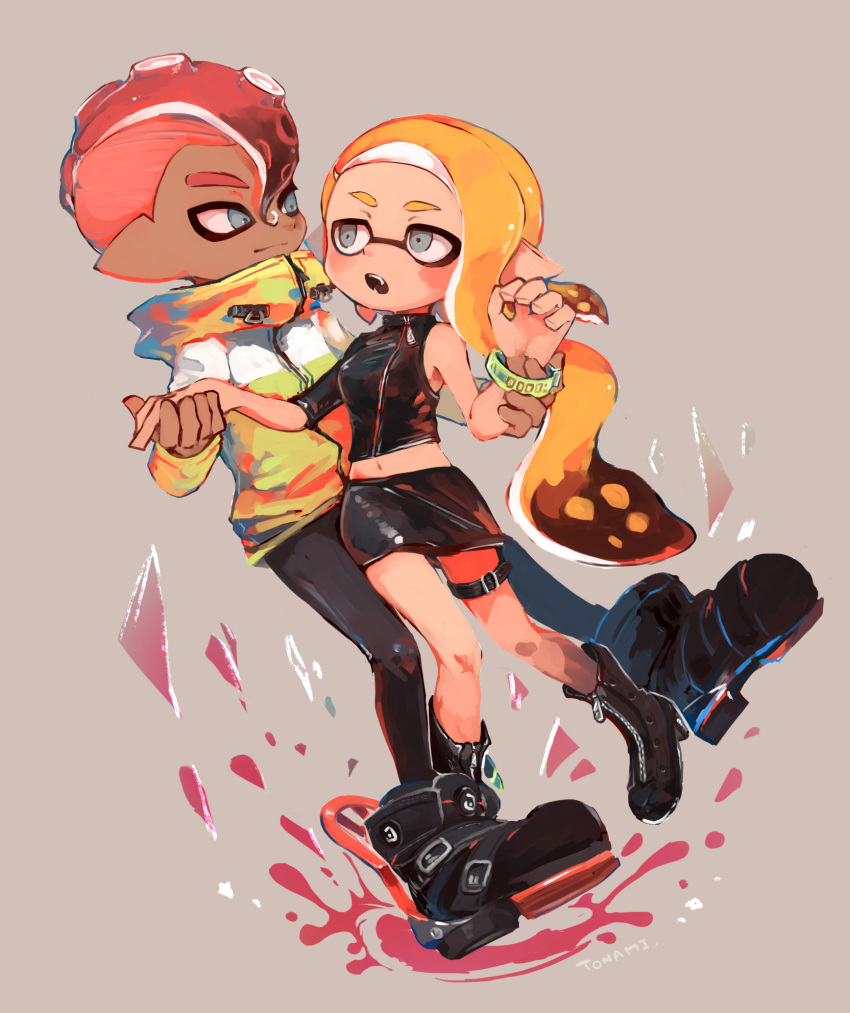 1boy, 1girl, agent_8, bike_shorts, black_shirt, blonde_hair, blush, boots