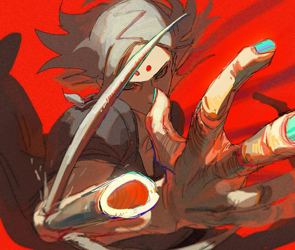 1boy, bleeding, blood, blue_eyes, blue_nails, bone, facial_mark, kaguya_kimimaro