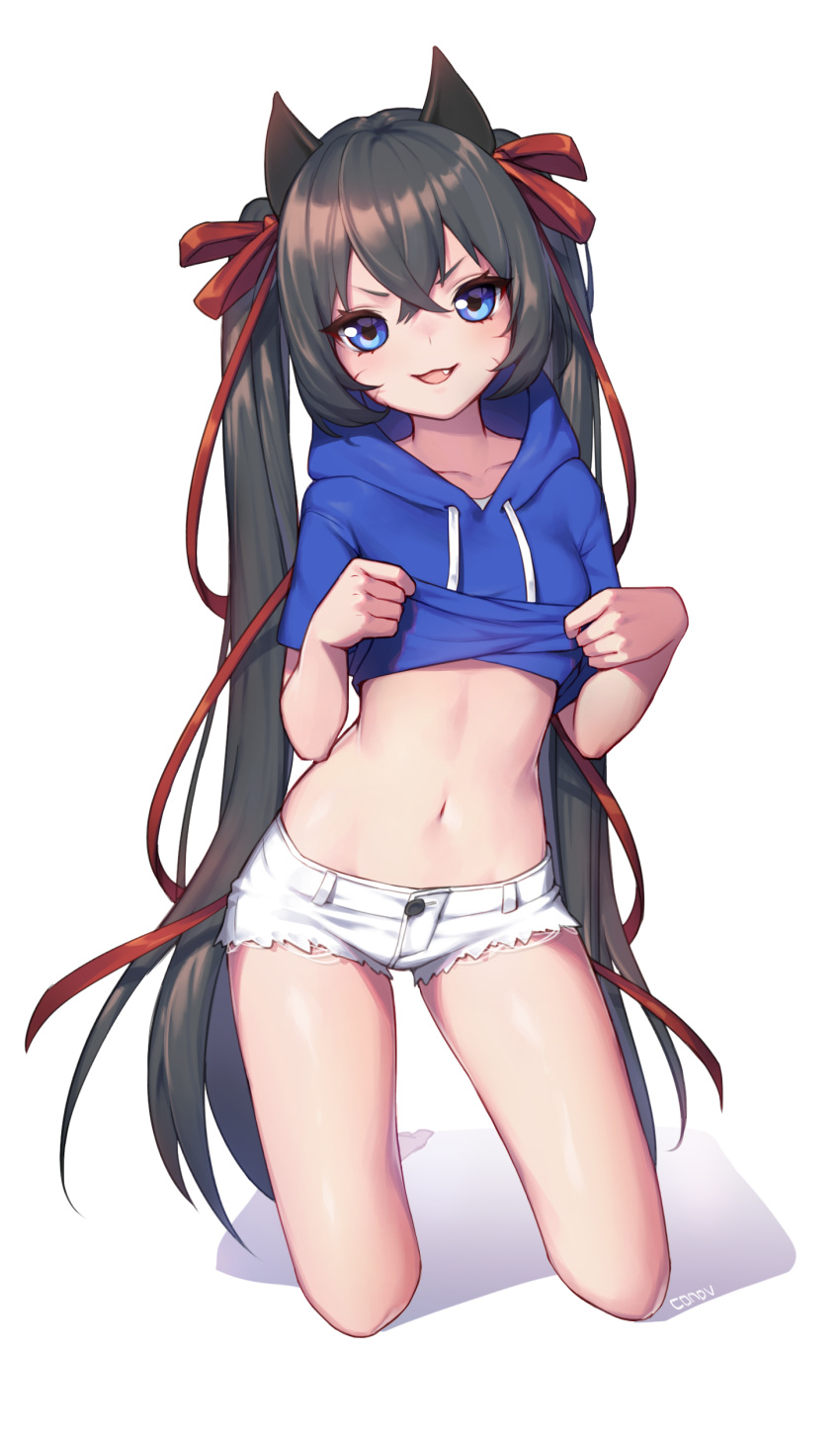 1girl, absurdres, animal_ears, bangs, barefoot, black_hair, blue_dress, blue_hoodie