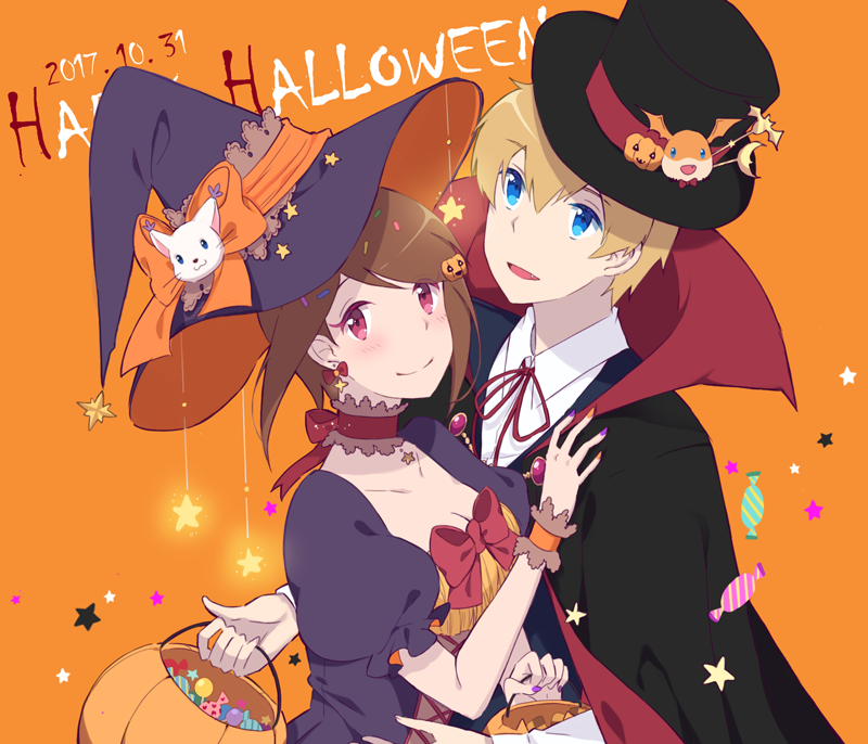 1boy, 1girl, bandai, blonde_hair, blue_eyes, breasts, brown_hair, cleavage