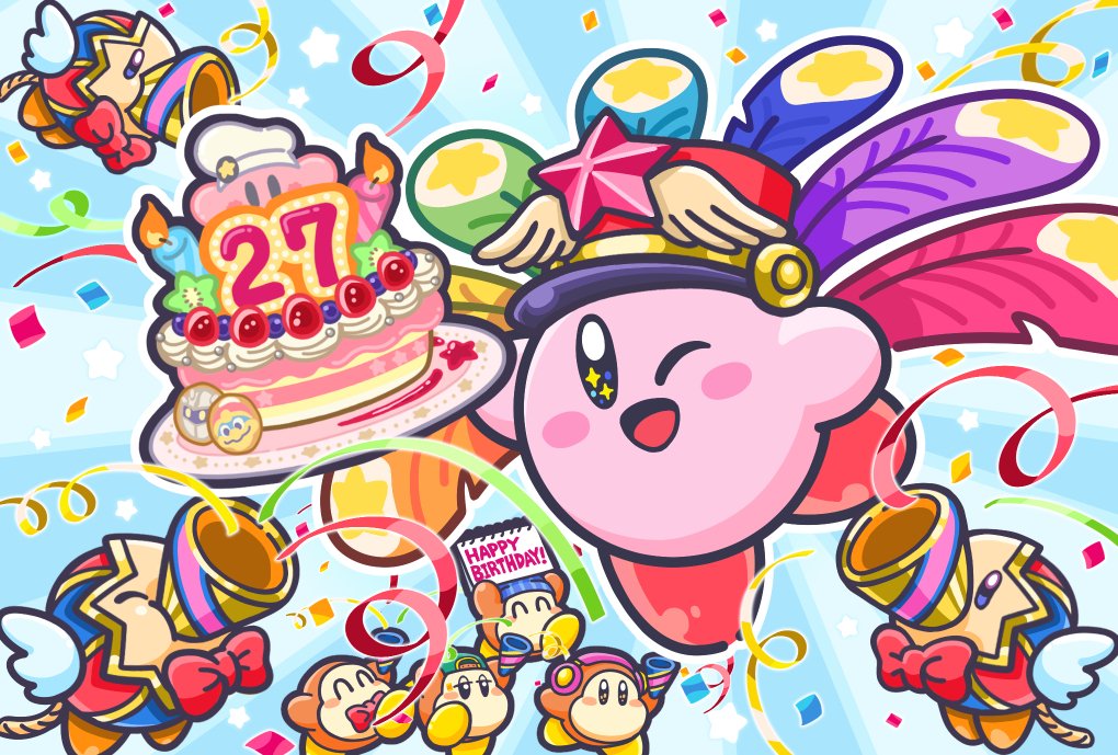 6+others, ;d, anniversary, birthday_cake, blue_background, cake, channel_ppp, confetti, copy_ability, festival_bird, food, hal_laboratory_inc., hoshi_no_kirby, kirby, kirby_(series), nintendo, no_humans, notepad, official_art, one_eye_closed, open_mouth, outline, party_popper, pink_puff_ball, plate, smile, streamers, waddle_dee, white_outline