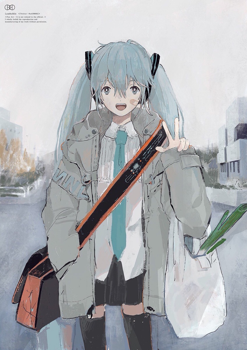 1girl, amiyakinyu, aqua_hair, aqua_neckwear, bag, bandaid, bangs, black_legwear