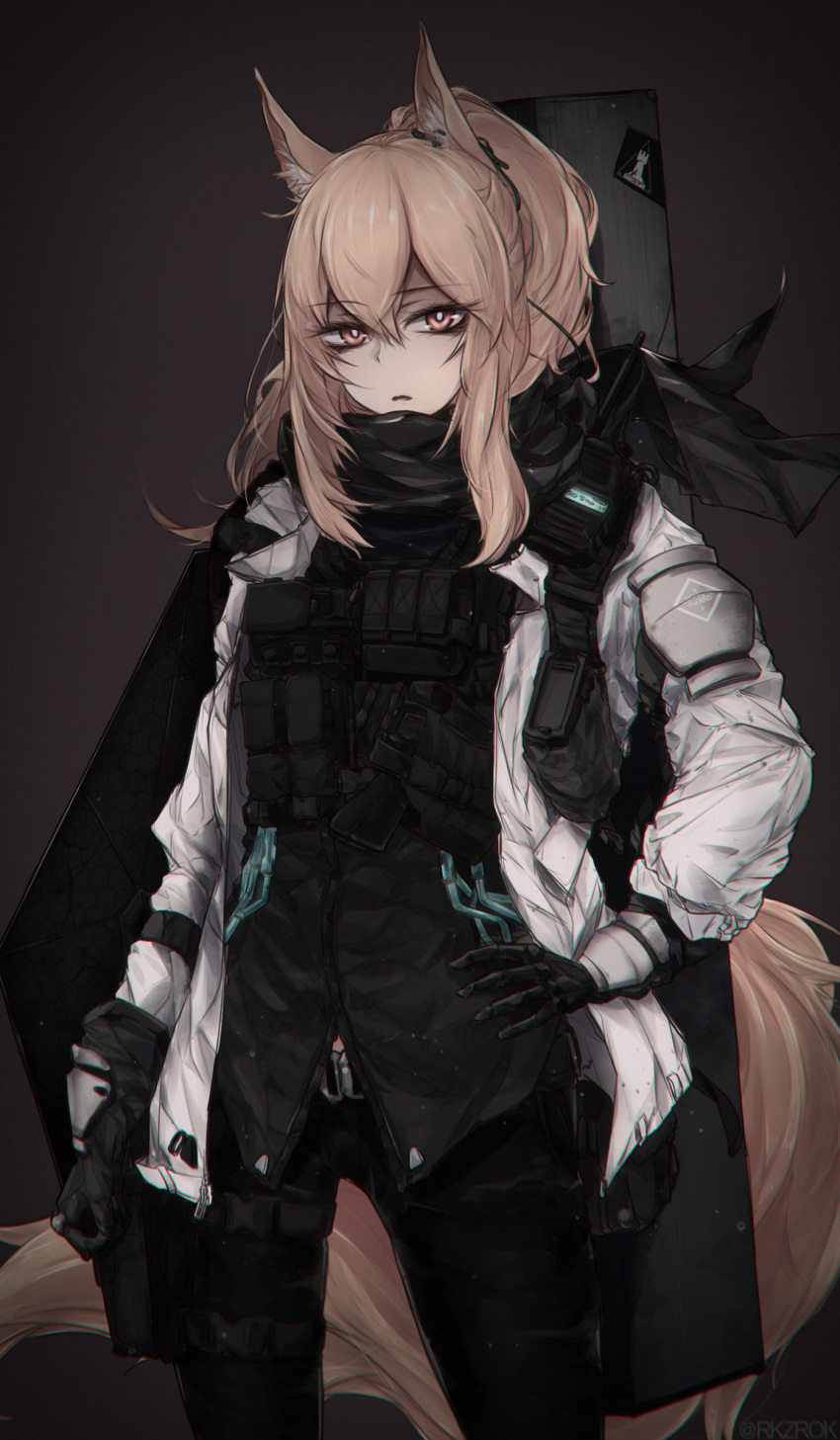 1girl, absurdres, animal_ears, arknights, belt, black_gloves, brown_hair, gloves