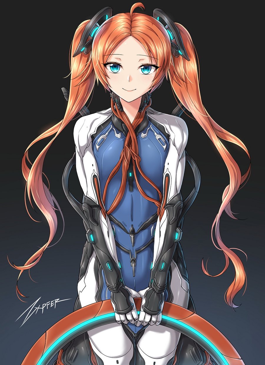 1boy, ahoge, artist_name, blue_eyes, bodysuit, closed_mouth, commentary, eyebrows_visible_through_hair, hair_ornament, highres, holding, humanization, long_hair, looking_at_viewer, nezha_(warframe), redhead, simple_background, smile, solo, trap, twintails, warframe, zxpfer