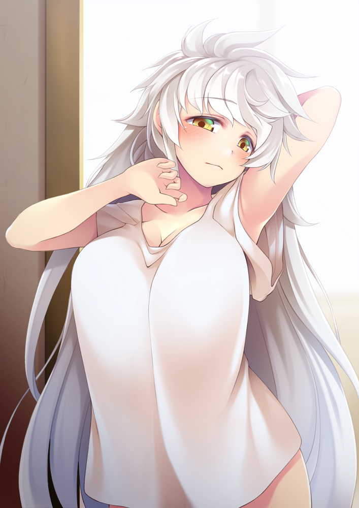 1girl, alternate_costume, alternate_hairstyle, arm_behind_head, arms_up, asymmetrical_hair, blush, breasts