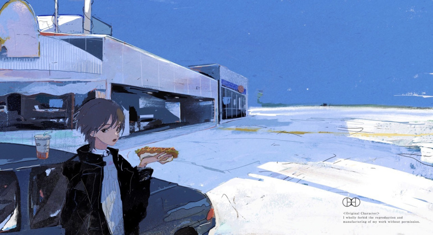 1boy, amiyakinyu, bangs, blue_sky, brown_hair, building, car, cup