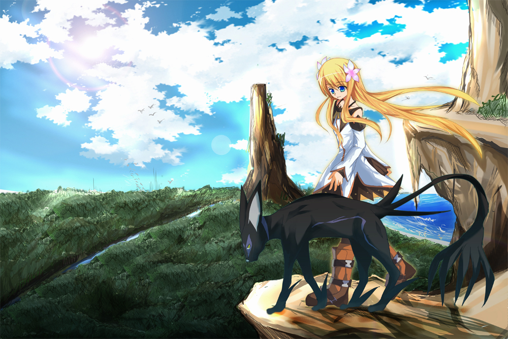 bird, blonde_hair, blue_eyes, boots, cloud, clouds, fantasy, long_hair