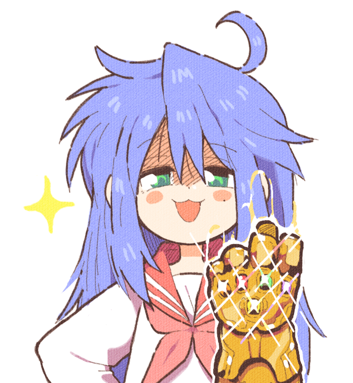 1girl, ahoge, avengers:_infinity_war, bangs, blue_hair, blush_stickers, eyebrows_visible_through_hair, green_eyes