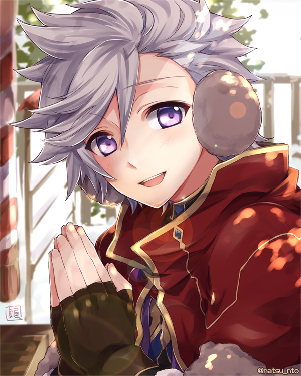 1boy, earmuffs, fingerless_gloves, gloves, grey_hair, hair_between_eyes, hands_together, looking_at_viewer