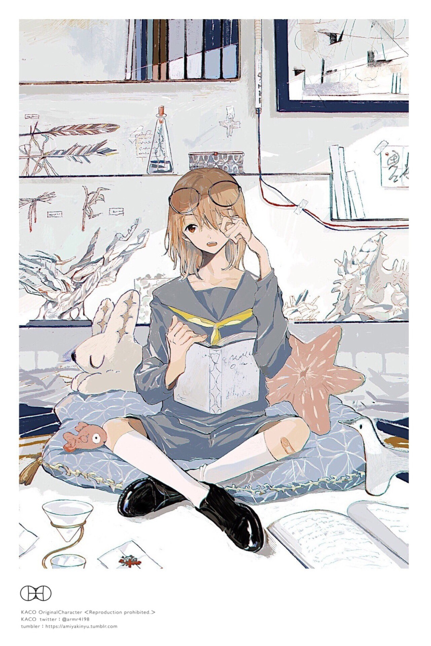 1girl, amiyakinyu, bandaid, black_footwear, book, eyewear_on_head, glasses, grey_sailor_collar