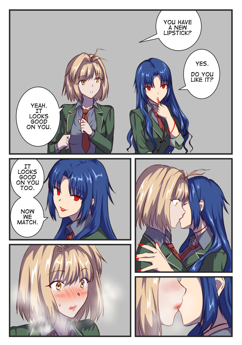 2girls, applying_makeup, arcueid_brunestud, axia-chan, blonde_hair, blush, closed_eyes, comic