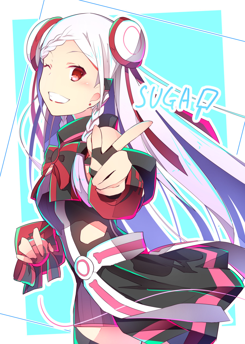 1girl, bangs, black_gloves, braid, cowboy_shot, dress, earrings, fingerless_gloves