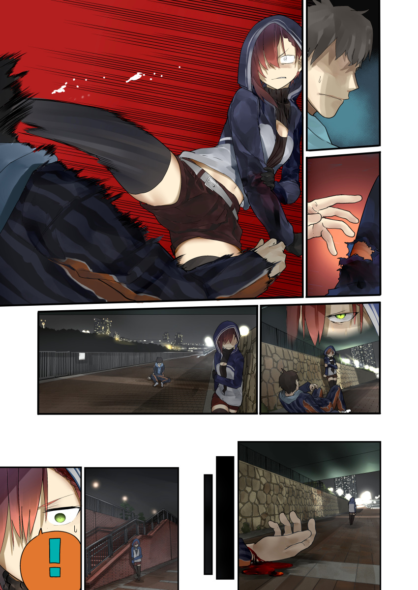 !, 1boy, 1girl, absurdres, araido_kagiri, belt, black_gloves, black_legwear