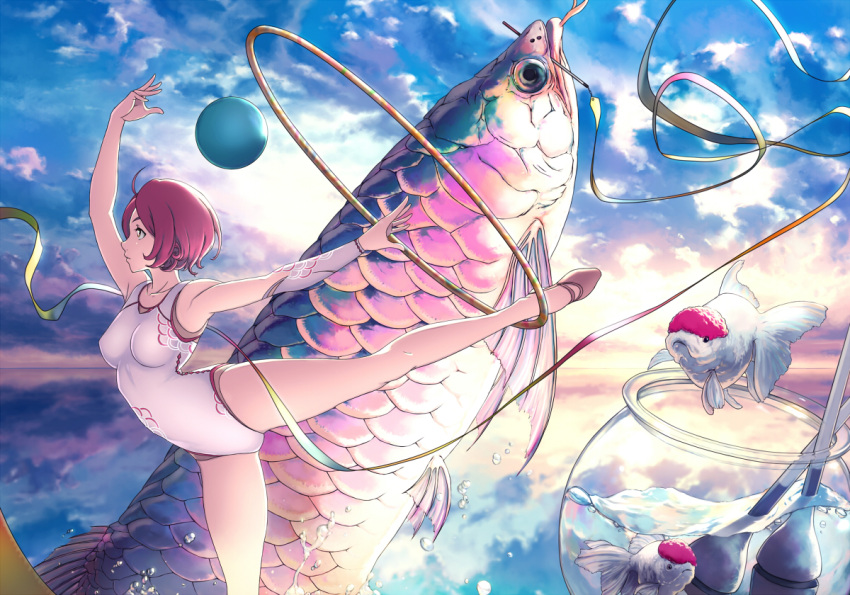 1girl, arm_up, ballerina, ballet_slippers, breasts, closed_mouth, clouds, cloudy_sky
