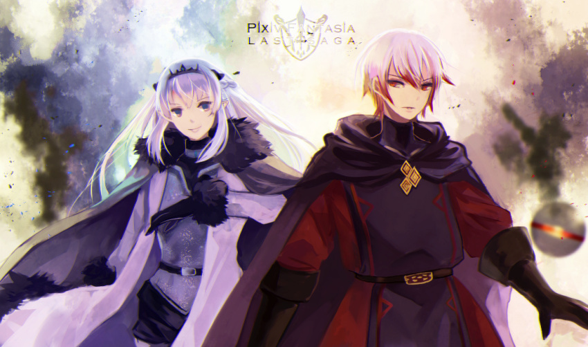 1boy, 1girl, 3yuazr, belt, black_gloves, braid, brown_gloves, cape
