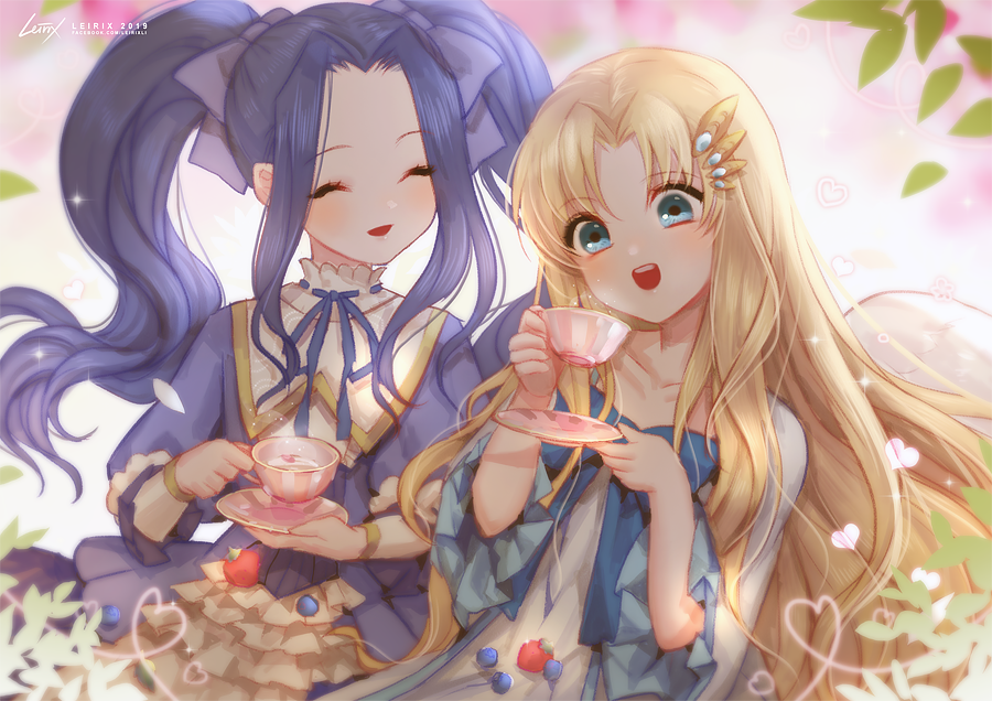 2girls, angel_wings, bangs, blonde_hair, blue_berry, blue_eyes, blue_ribbon, closed_eyes