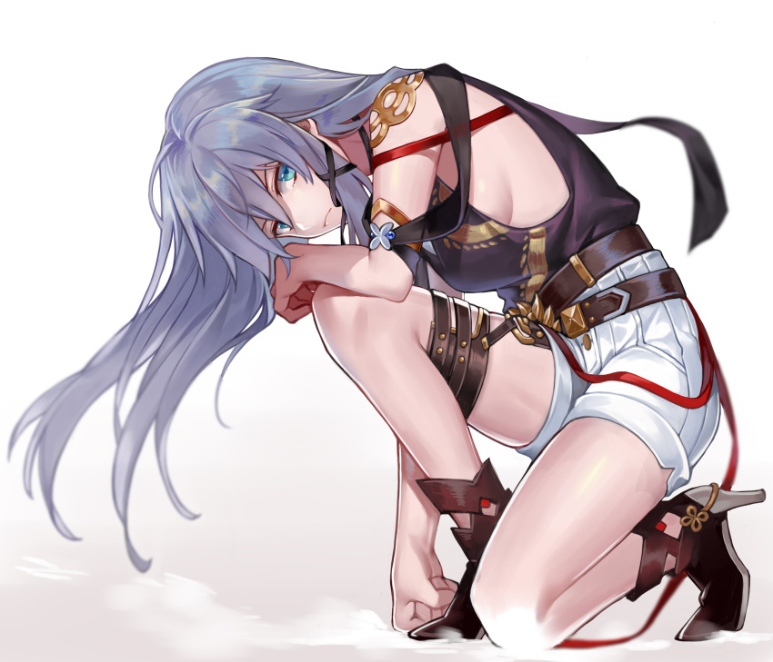 1girl, absurdres, arm_on_knee, armlet, bangs, bare_shoulders, belt, blue_eyes, blue_short, breasts, brown_footwear, closed_mouth, expressionless, eyebrows_visible_through_hair, floating_hair, fu_hua, gold_trim, hair_between_eyes, hair_ornament, hair_ribbon, high_heels, highres, honkai_(series), honkai_impact_3, long_hair, looking_at_viewer, medium_breasts, multiple_belts, one_knee, ribbon, shirt, short_shorts, shorts, sidelocks, simple_background, sin_(btc86amme), sleeveless, sleeveless_shirt, solo, thigh_strap, tress_ribbon, very_long_hair