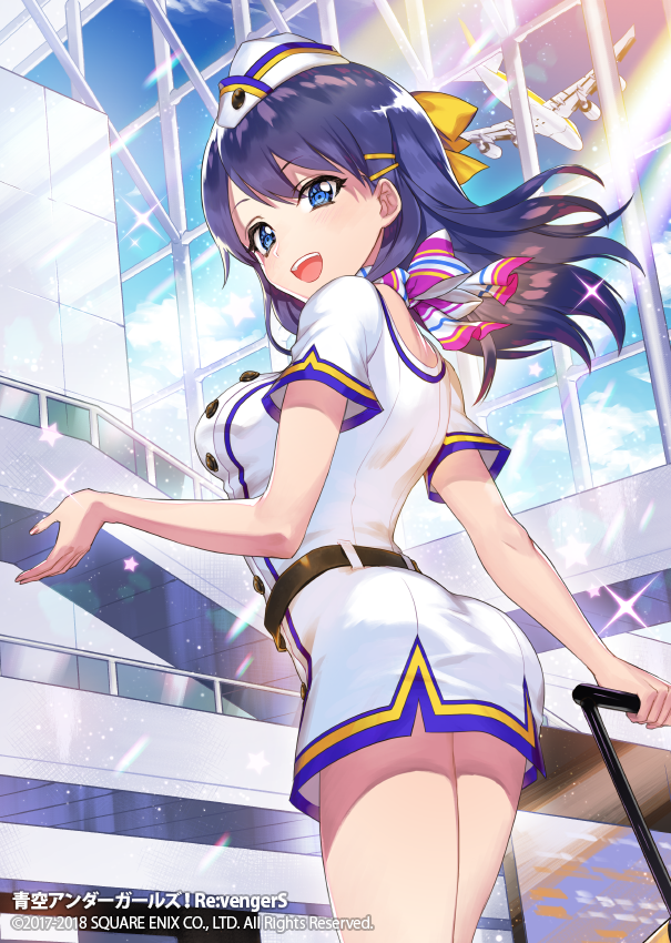 1girl, aircraft, airplane, bad_anatomy, black_hair, blue_eyes, blue_sky, bow, clouds, copyright_name, dated, hair_bow, hair_ornament, hairclip, indoors, long_hair, looking_at_viewer, luggage, official_art, re:vengers, rolling_suitcase, sasahara_ami, sky, smile, solo, standing, stewardess, watermark, yellow_bow