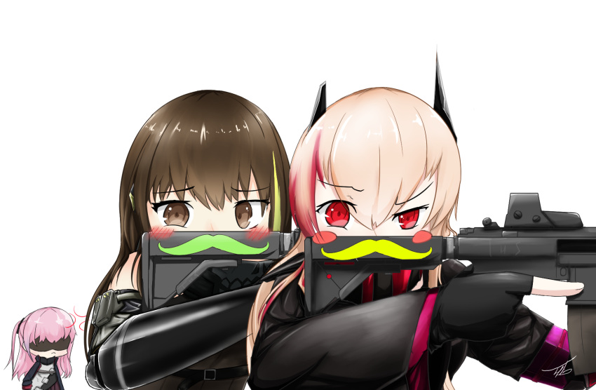 3girls, anger_vein, angry, arm_armor, assault_rifle, bandanna, bangs, black_bandana