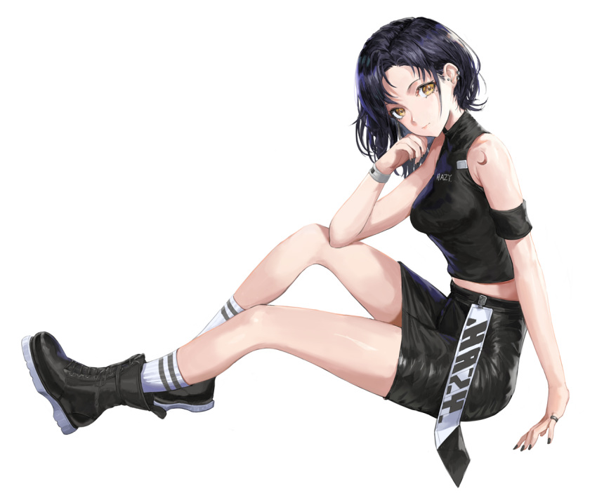 1girl, bangosu, bangs, bare_arms, bare_shoulders, black_footwear, black_hair, black_nails