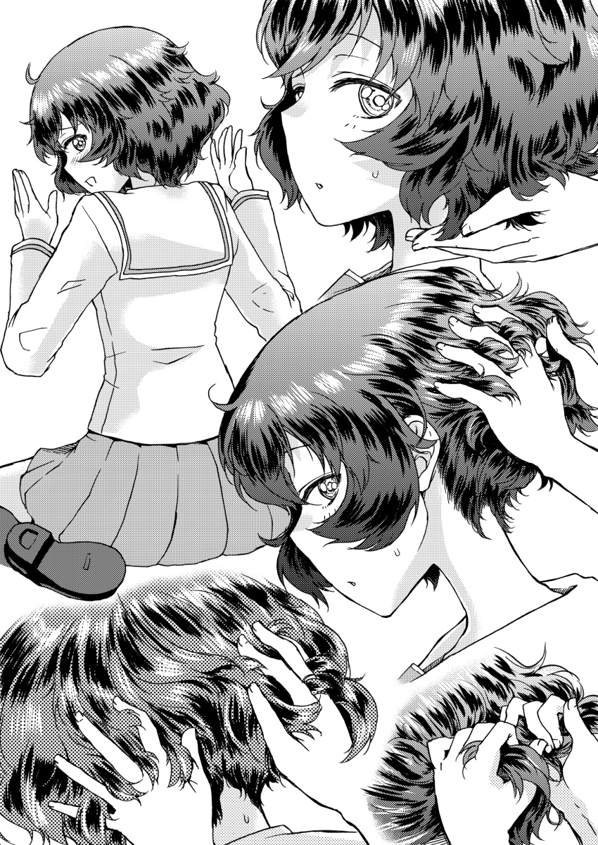 1girl, :o, adjusting_another's_hair, akiyama_yukari, black_legwear, blouse, disembodied_hands, disembodied_limb